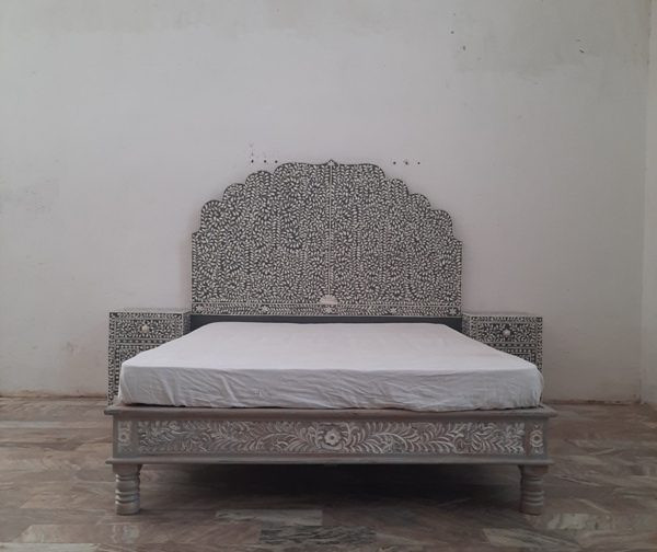 BONE INLAY BEDROOM SET OF 4 HEADBOARD BEDSIDE BEDBASE